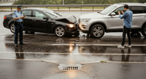 Rainy day car crash on wet road showing hydroplaning risk and poor drainage conditions
