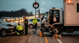 Holiday delivery truck accident in Alabama with damaged truck, heavy traffic, and police response
